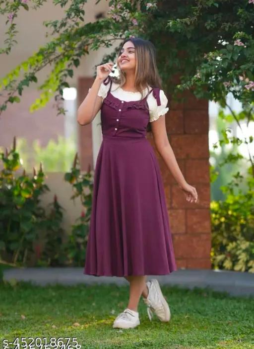 Women's Wine color dungaree Dress WhiteTop Dress For Girl Classic Rayon Dungaree dress Women Casual Solid Shoulder Dungaree Dress - Khan's Hub