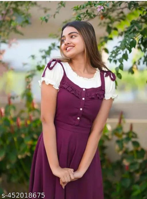 Women's Wine color dungaree Dress WhiteTop Dress For Girl Classic Rayon Dungaree dress Women Casual Solid Shoulder Dungaree Dress - Khan's Hub
