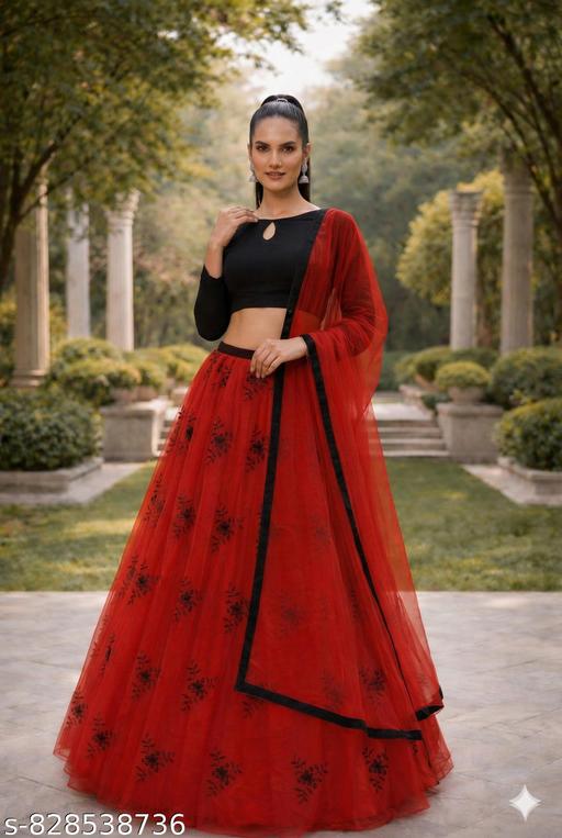 Women's Red & Black Embroidered Net Lehenga Choli Set with Dupatta - Khan's Hub