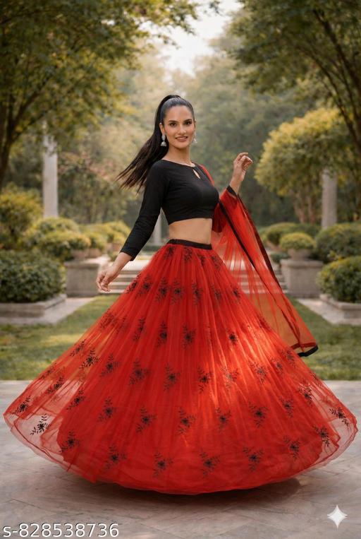 Women's Red & Black Embroidered Net Lehenga Choli Set with Dupatta - Khan's Hub