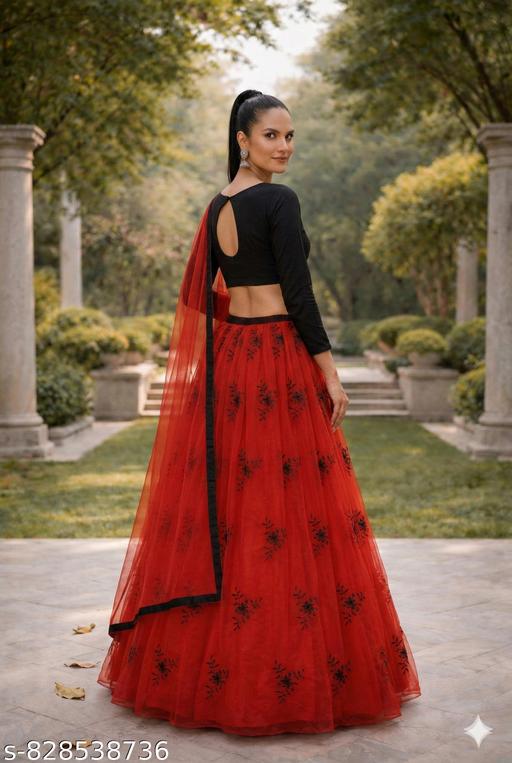 Women's Red & Black Embroidered Net Lehenga Choli Set with Dupatta - Khan's Hub