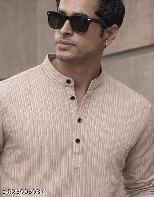 Men’s Textured Fabric Striped Pattern Full Sleeve Short Kurta (Beige) - Khan's Hub