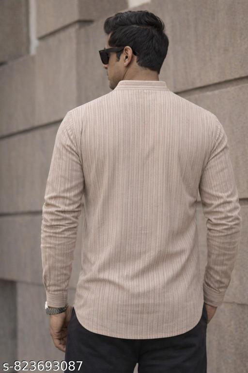 Men’s Textured Fabric Striped Pattern Full Sleeve Short Kurta (Beige) - Khan's Hub