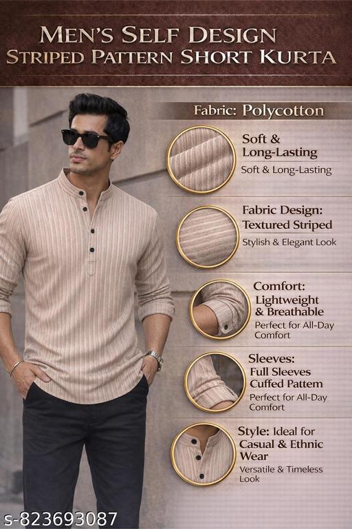 Men’s Textured Fabric Striped Pattern Full Sleeve Short Kurta (Beige) - Khan's Hub