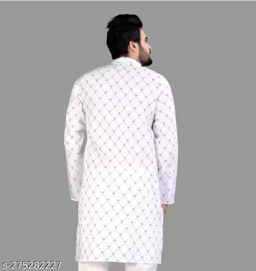 Men's White Printed Cotton Blend Kurta - Stylish Ethnic Wear for Festive & Casual Occasions - Khan's Hub