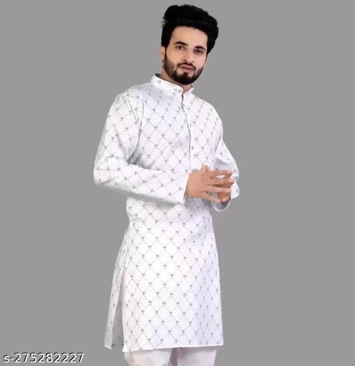 Men's White Printed Cotton Blend Kurta - Stylish Ethnic Wear for Festive & Casual Occasions - Khan's Hub