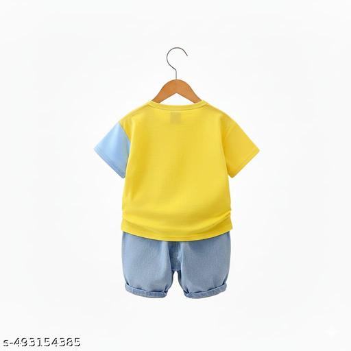 Kids Boys Cartoon Printed Cotton T-Shirt & Denim Shorts Set  - Khan's Hub