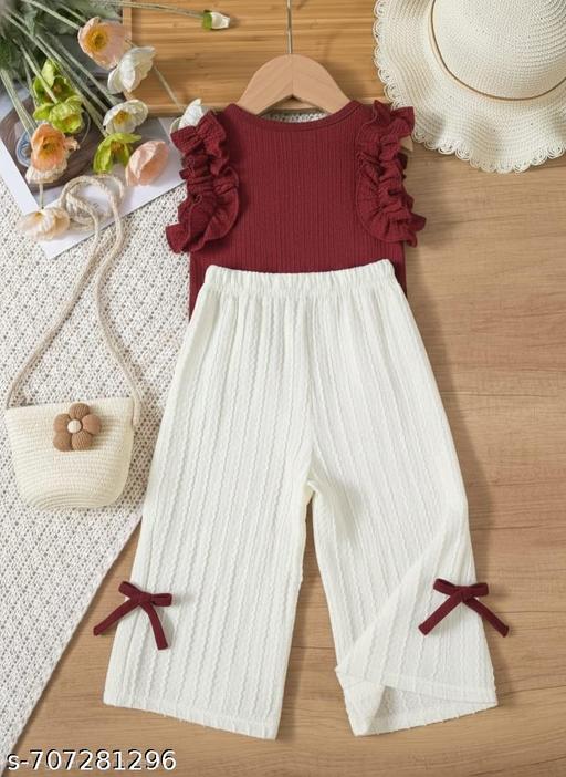 Trendy Girls Top And Bottom Sets | Summer Special Smocked T-Shirt and Pant Combo | Breathable Cotton Blend Summer Wear for Kids Girls - Khan's Hub