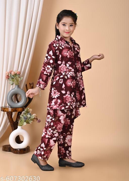 KIDS GIRL TOP AND BOTTOM SET  MAYROON 0.2 - Khan's Hub