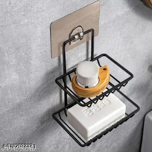 BASKIN Combo of 2 Stainless Steel Black Soap Stand Holder | Self-Adhesive Rustproof Soap Dish | Wall Mounted Bathroom Organizer | Kitchen & Washroom Soap Tray | Soap Basket Rack | No Drill Strong Sticker Shelf (Pack of 2) - Khan's Hub