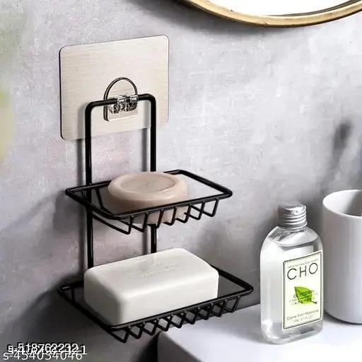 BASKIN Combo of 2 Stainless Steel Black Soap Stand Holder | Self-Adhesive Rustproof Soap Dish | Wall Mounted Bathroom Organizer | Kitchen & Washroom Soap Tray | Soap Basket Rack | No Drill Strong Sticker Shelf (Pack of 2) - Khan's Hub