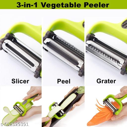 3 in 1 Rotary Multi-Functional Peeler, Suitable for Vegetable and Fruit, with Serrated Blade + Straight Julian Stainless Steel, Anti-Slip Handle Design, Slicer Kitchen - Kitkart
