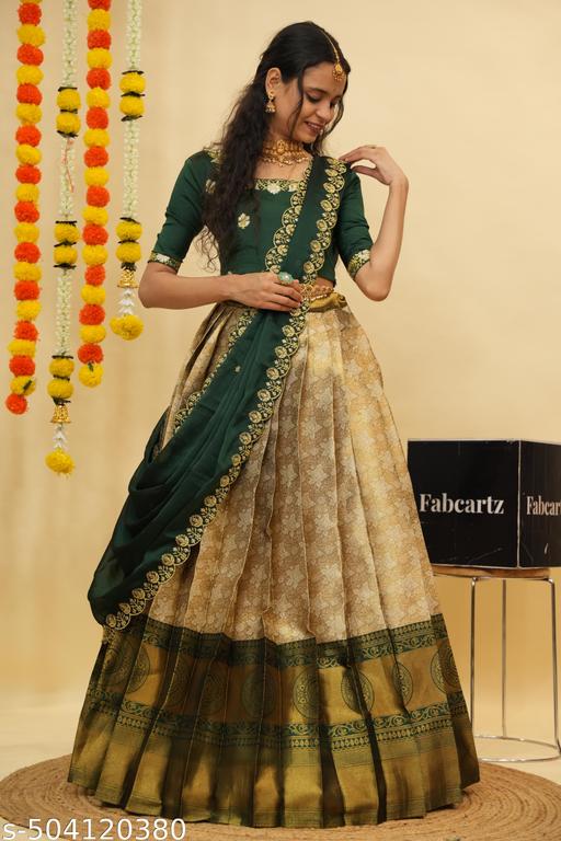 Beautiful Semistitch Half Saree with Woven Design & Rangoli Embroidery Dupatta For Women - Anuloria 