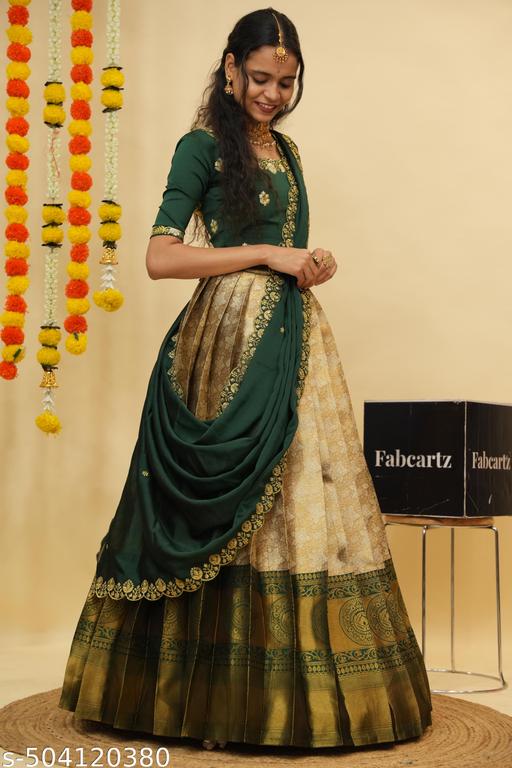 Beautiful Semistitch Half Saree with Woven Design & Rangoli Embroidery Dupatta For Women - Anuloria 