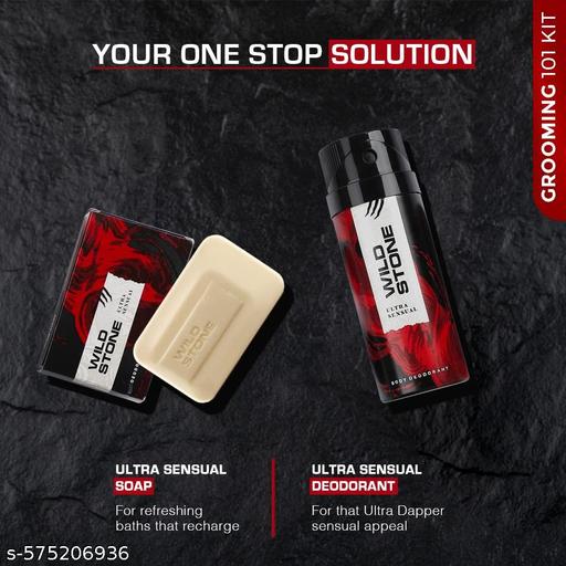 7 Essentials Grooming Kit with Ultra Sensual After Shave Lotion 50ml, Shaving Cream 78gm, Shaving Brush, Deodorant 150ml, Soap 125gm, Ultra Sensual Pouch and free Razor| - Khan's Hub