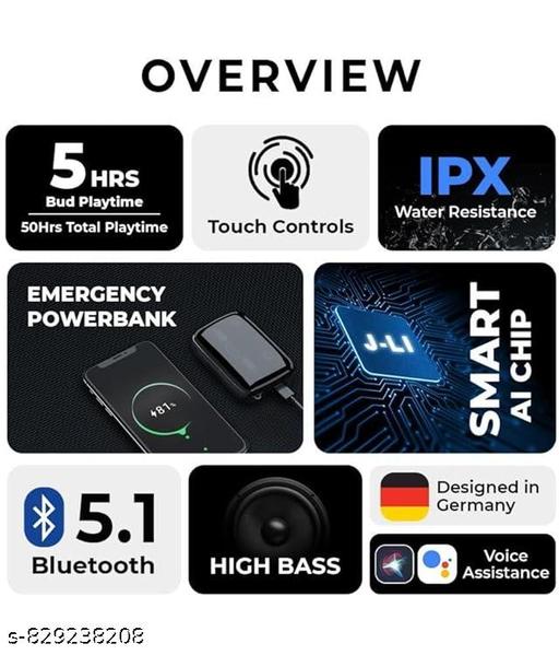 M19 TWS Wireless Earbuds with Bluetooth 5.1, Touch Controls, 50 Hours Playtime, IPX Water Resistant, High Bass, Voice Assistant Support, Black, Type-C Charging - Khan's Hub