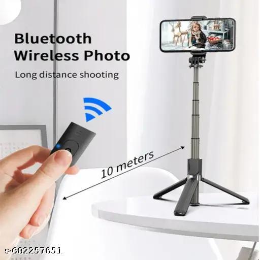 R1 Portable Selfie Sticks Tripod for Mobile Phone with Detachable Wireless Remote, 4 in 1 Extendable Portable Bluetooth Selfie Stick & Phone Tripod Stand || Bluetooth Extendable Selfie Stick with Wireless Remote Adjustable and Rotatable Design (Black, Pack Of 1) - Khan's Hub