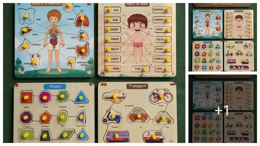 Kids Wooden Puzzle Set – Human Body Parts, Transport Vehicles & Shape Sorting Educational Toy Educational Wooden Puzzle Combo Set.