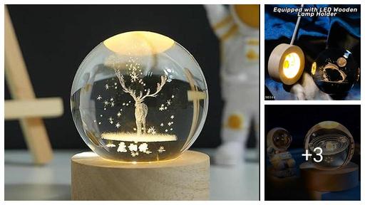 Crystal Ball Lamp with Wooden LED Base | Engraved 3D Moon & Stars Night Light | USB Rechargeable Home Décor