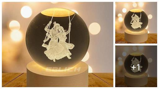 3D Radha Krishna Crystals Ball Night Lamp with Wooden Base, LED USB Decorative Light (Radha Krishan )