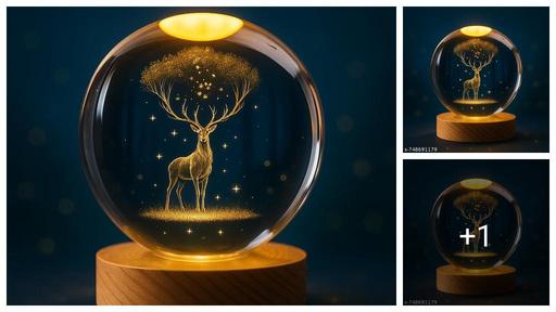 KRIVA IMPORTER Golden Deer Crystal Ball Night Lamp with Wooden Base | 3D LED Decorative Table Lamp | Gift Item for Home Decor & Bedroom