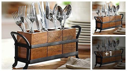 CRAFTKINGS Knife and Spoon Organiser,Tissue Paper Rack for Dining Table in Wood Material with Black Stylish Iron Stand