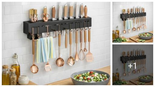 Kitchen Wall Shelf & Floating Rack with Knife Holder | Towel Hanger, Spatula & Ladle Hooks | Plastic Cutlery Storage Organizer (40 x 5.5 x 7.4 cm)
