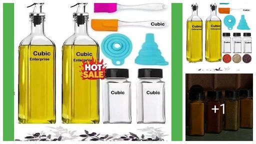 Cubic Enterprise Oil Dispenser 500 ml Bottle Set of 2(Transparent), Silicon funnel and Oil Brush for kitchen (multi color) , Round Shape Spice jar set of 2(120 ml) - Perfect Combo for Kitchen