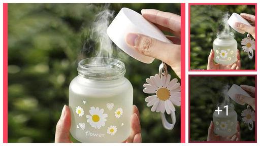  Glass Water Bottle with Lid 300ml Portable Roped, Small Coffee Mug Cute Juicy Jar Flower Tea Drinking Cup for Office, Summer, Home Outdoor, traveling BPA Free, Easy to carry (1)