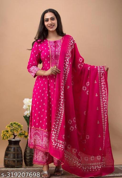 Women's Rayon Printed Anarkali Kurti with Pant and Dupatta Set  - Lumae