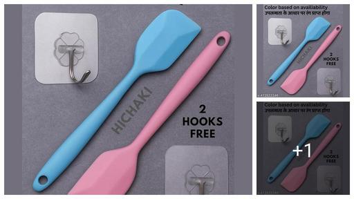 27CM Premium Silicone Spatula with Self-Adhesive Wall Hooks – Non-Stick, Heat Resistant, Baking & Mixing, BPA-Free Utensil, Kitchen & Home Organization (Pink & Blue, 2 SPATULA+2 HOOK, Color Assorted)