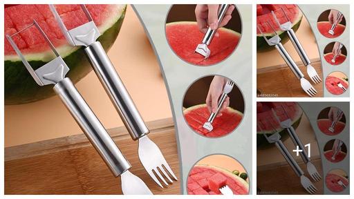 MISHTIN CREATION (1-psc) Watermelon Slicer & Fork Combo - Stainless Steel 2-in-1 Tool for Cutting, Carving, and Serving Fresh Fruit at Home, Parties, and Campsites