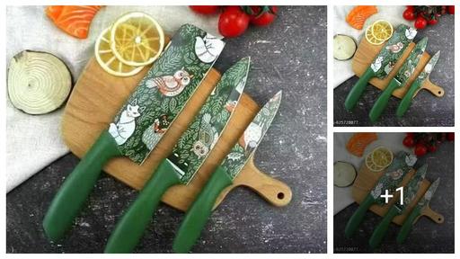 Premium 3Pcs Designer Printed Kitchen Knife Set with Wooden Chopping Board | Sharp Stainless Steel Blades | Non-Slip Handle | Vegetable, Fruit & Meat Cutter for Home & Kitchen Use | Trendy Cooking Tool Set