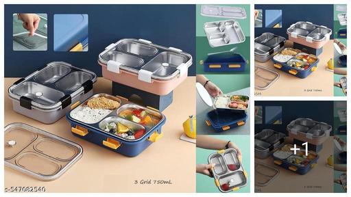 Pack of 1 | 3-Compartment Stainless Steel Tiffin Box with Transparent Lid | Leak-Proof Bento Lunch Box for Kids & Adults | Ideal for Office, School & Travel | In pack their are one fork and one spoon no chopsticks.