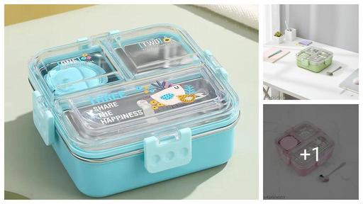 PAPITA 3 Compartment Stainless Steel Lunch Box, Leakage Proof Lunch Box for School Kids and Adults Pack of 1 (BLUE)