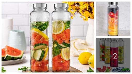 ( 2 PC-750 ML) Glass Water Bottle with Leak-Proof Airtight Stainless Steel Lid for Water, Smoothie, Juices - Reusablee Travel Glass Drinking Fridge Bottles