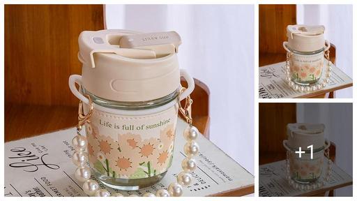 Glass Water Bottle Coffee Cup with Straw & Lid, Travel Mug with Pearl Handle and Nonslip Sleeve,Leak Proof Tea Tumbler for Hot & Cold Drink, On Go Cup, (350ml cup,multi colour,pack of 1 pcs)