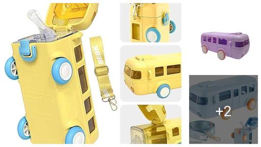 Bus Water Bottle for Kids,16oz Car Water Cup with Straw and Strap -Leakp Bus Water Bottle for Kids,16oz Car Water Cup with Straw Plastic Drinking Jug with Movable Wheels for Girls /Boys School Sports Camping Picnic Hiking Travel