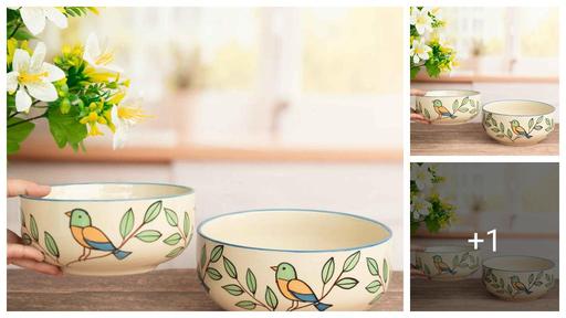 Handcrafted Ceramic Serving Bowls – Bird & Leaf Design | 700ml | Set of 2