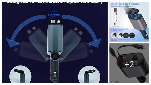 120W 4-in-1 Car Charger | Retractable Cable Fast Charging Adapter with LED Display | USB & Type-C Multi-Port Charger for All Phones