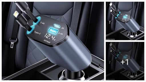 100W Fast Car Charger with 80CM Retractable Type-C & 30-pin Port Cables – Simultaneous Charging for 4 Devices – Universal Car Mobile Charger for All Smartphones & Tablets