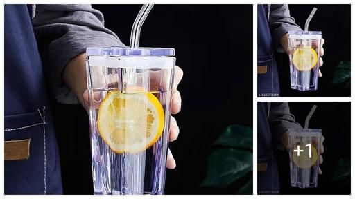 (300ml Pack of 1 )  Glass Water Tumbler with Lid and Straw Reusable Coffee Sipper Mug Clear Cute Pentagram Design Color Drinking Cup for Juices, Iced Tea, Cocktail Adults & Girls