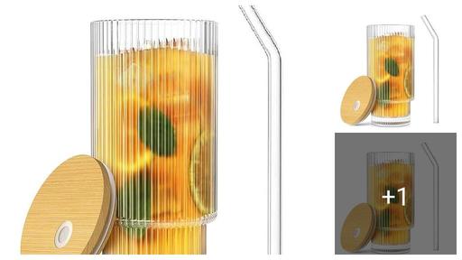 Glass Coffee Tumbler with Bamboo Lid and Straw Pack of 1, 400ml Multipurpose Drinking Glasses Travel Sipper for Juices Water Smoothies Cocktail Mugs (Linning)