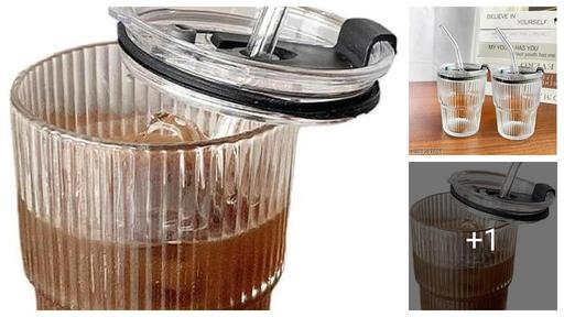 (PACK OF 2 PCS) -Transparent -Glass Tumbler, Thick Wall Water Glass Cup Mug Tea with Glass Straw and Lid 390ML Glass Sipper Ideal for Chocolate & Beverage, Mocha, Cappuccino, Shake,