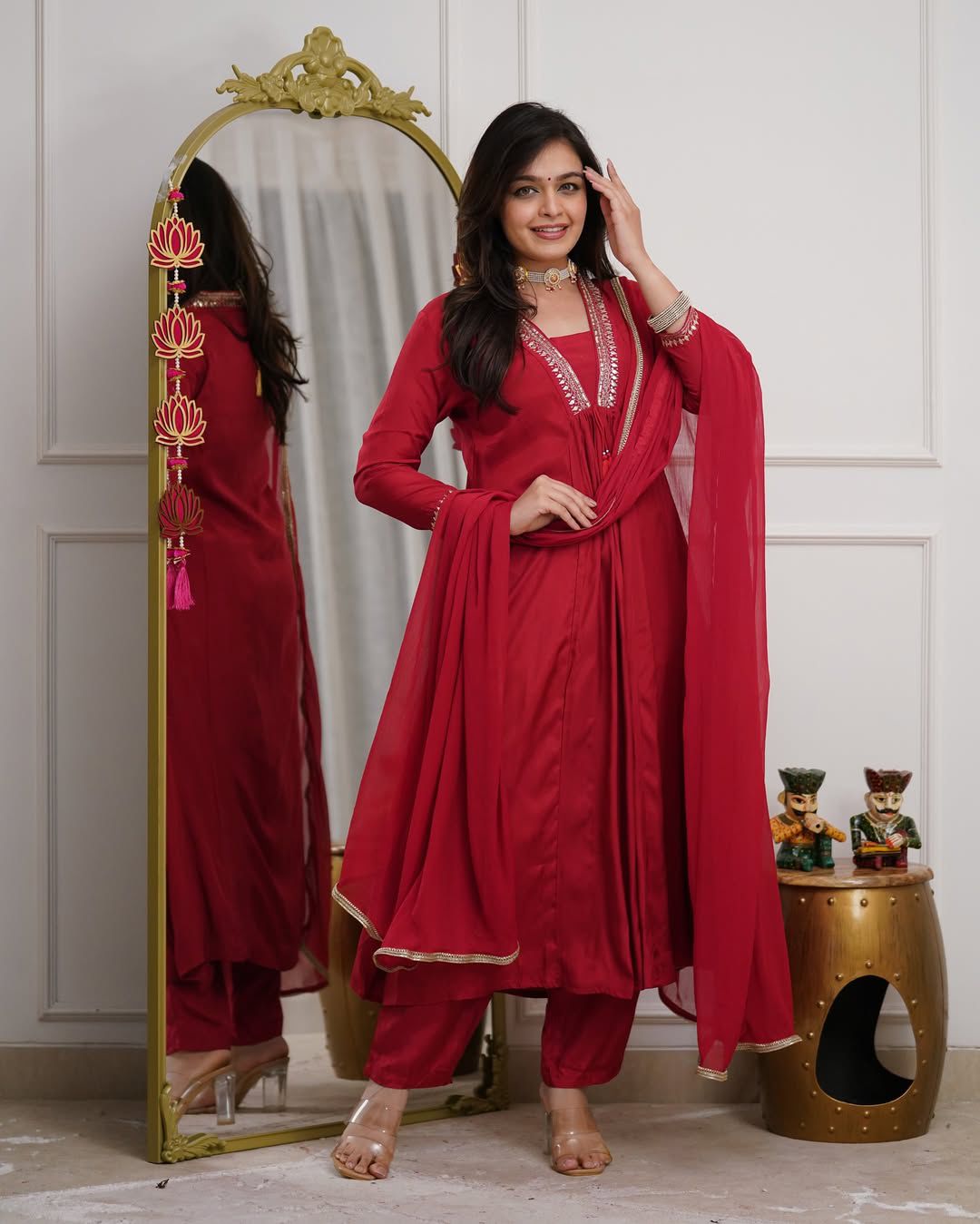 Elegant﻿ Red Anarkali Suit Set - Zeyoria