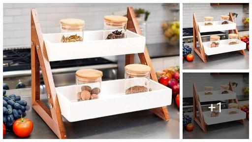 Deligno Mart 2-Tier MDF Wooden Spice Rack & Kitchen Organizer for Countertop | Dual Shelf Storage Stand| Natural Brown Finish with White Trays – Rack Only