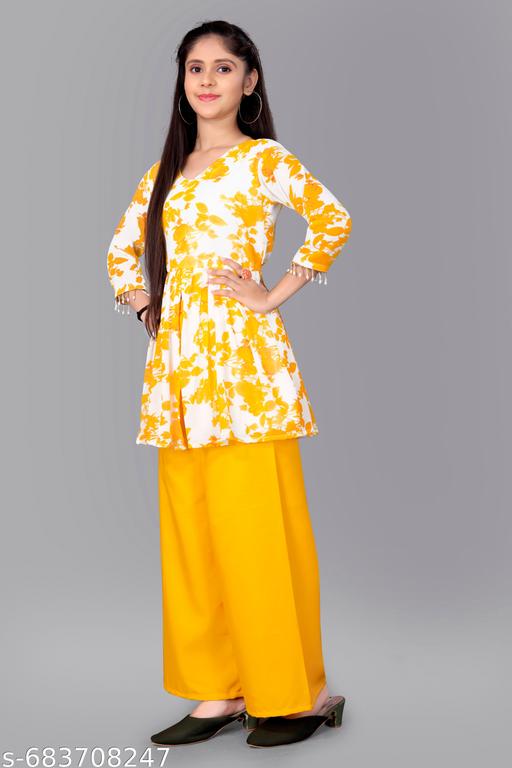 Womens and Girl Georgette and Crepe Printed Top and Bottom Set || Girls Printed Clothing Set || Trendy Classic Printed Top Bottom Set || Tunic and Bottom Set - Lumae