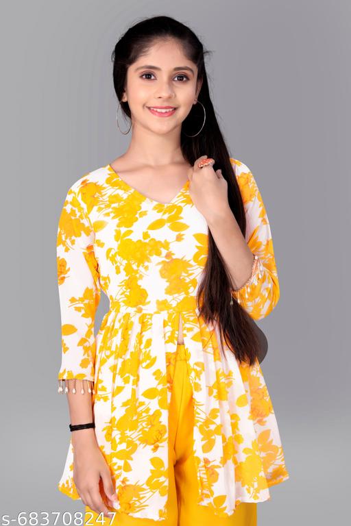 Womens and Girl Georgette and Crepe Printed Top and Bottom Set || Girls Printed Clothing Set || Trendy Classic Printed Top Bottom Set || Tunic and Bottom Set - Lumae