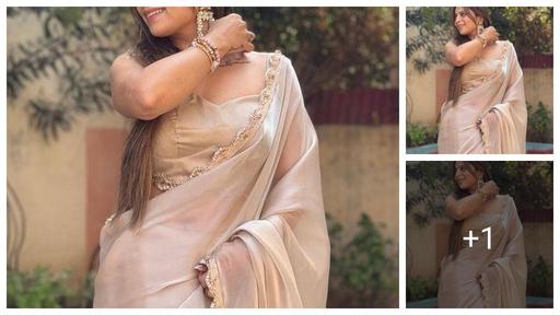 Organza Net Celebrity Sheer Saree with Pearl Weave Golden Lace Border and Designer Running Blouse