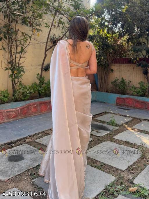 Organza Net Celebrity Sheer Saree with Pearl Weave Golden Lace Border and Designer Running Blouse - The Auric Edit